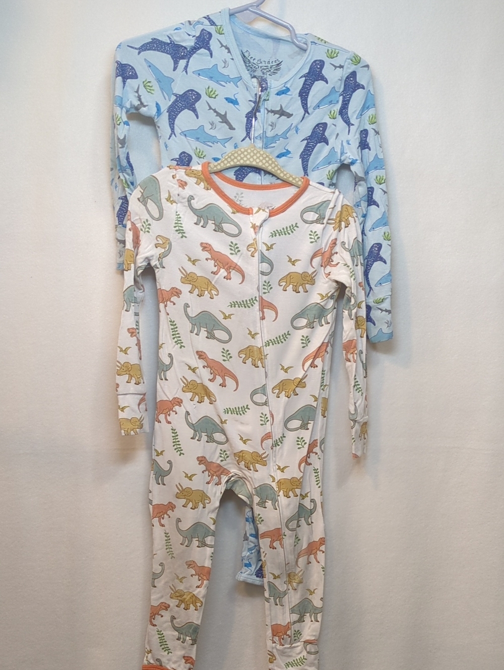 Kids Cotton Dino & Shark Zip-Front Pajama Set - White & Light Blue